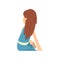 Cute Long Haired Girl in Blue Dress Sitting on Floor and Listening, Little Preschool Kid Character, View From Behind