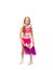 Cute long-haired girl in a pink top and cheerleader clothes dancing with pompons