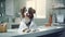 A cute longhair brown dog in doctor coat on a table in an office. A close-up realistic picture of a pet in healthcare center.
