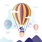 Cute love couple flying in large hot air balloon. Happy family have  travel adventure. Happy people celebrate anniversary