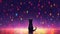 a cute lovely anime cat watching the sky with falling colored stars, wallpaper artwork, ai generated image