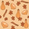 Cute lovely autumn fall seasonal seamless vector pattern background illustration with cinnamon, leaves, orange slice and butternut