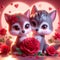 A cute and lovely baby wolf, with red rose flower petals, a heart-shaped in background, whimsical, cartoon