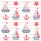 Cute lovely cartoon summer marine striped seamless vector pattern background illustration with boats, anchors and starfishes