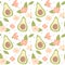 Cute lovely cartoon summer seamless vector pattern background illustration with hand drawn avocado and flowers