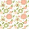 Cute lovely cartoon summer seamless vector pattern background illustration with hand drawn avocado, watermelon, kiwi and flowers