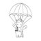 Cute lovely cartoon unicorn flying with parachute funny black and white vector illustration