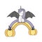 Cute lovely cartoon vector bat unicorn sitting on halloween rainbow