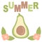 Cute lovely cartoon vector summer card with hand drawn avocado and flowers