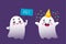 Cute Lovely Ghosts, Cartoon Halloween Characters. Funny Baby Spooks Creatures Wear Festive Hat With Confetti And Banner