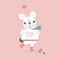 Cute and lovely hand drawn cute french bulldog pug holding paper, happy valentine`s day, love concept