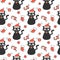 Cute lovely holidays seamless vector pattern background illustration with black cat with santa hat, socks, candy cane, stars and c