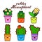 Cute lovely kawaii houseplants. Kawaii faces flower pots. Cartoon style. Vector illustration icons on white background.