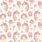 Cute lovely seamless vector pattern background illustration with cartoon unicorn, donuts, ice cream, lollipop and stars