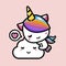 Cute and lovely unicorn animal cartoon character is climbing and hugging the cloud