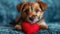 Cute lover Valentine puppy dog lying with a red heart, isolated on blue background