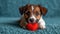 Cute lover Valentine puppy dog lying with a red heart, isolated on blue background