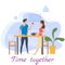 Cute loving couple at table, drinking tea or coffee and eating together at home. Daily life of cute happy couple. Male