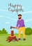 Cute lumberjack holding axe. Summertime camping, hiking, camper, adventure time concept. Flat vector illustration for