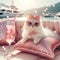 A cute luxurious white cat in sunny lies on the pillow on a sailing boat, relaxing on a lazy day. Royal princesses girly style in