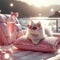 A cute luxurious white cat in sunny lies on the pillow on a sailing boat, relaxing on a lazy day. Royal princesses girly style in