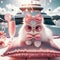 A cute luxurious white cat in sunny lies on the pillow on a sailing boat, relaxing on a lazy day. Royal princesses girly style in