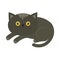 Cute lying gray cartoon cat with moustache whisker and yellow eyes.