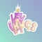 Cute magic princess pink cat in crown with word Hugs on top. Positive vibes cat, little girl sticker icon and prinsess
