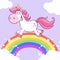 Cute Magic Unicorn Cartoon Mascot Character Running Around Rainbow With Clouds