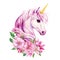 Cute magic unicorn. Unicorn with flowers, watercolor animal, floral boho illustration, pink flora