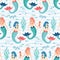 Cute magical blue mermaid seamless pattern. Hand drawn cartoon vector illustration. Magical fantasy under the sea