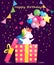 Cute magical rainbow unicorn with gifts and balloons. Happy birthday card for kids. Vector image