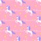 Cute magical seamless pattern of unicorn character with tiny star and Unicorn text on pink background