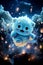 A cute magical spaceteddy bear with a transparent glowing body floats in a magical nighttime landscape