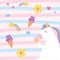 Cute magical unicorn eating cupcake with ice cream rainbow flowers animal cartoon background