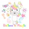 Cute magical unicorn and fairy elements collection and lettering quote believe in magic. Kawaii character design perfect for child