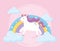 Cute magical unicorn with purple mane rainbow clouds animal cartoon