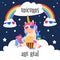 Cute magical unicorn with rainbow. Fantasy pony on clouds. Cartoon unicorn wallpaper vector design