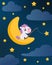 Cute magical unicorn sitting on moon with fishing rod catches stars. Cartoon character for kids room decoration, nursery art,