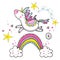 Cute magical unicorn walking on the rainbow, doodle nursery art