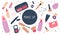 Cute make up and skin care icons. Products and accessoires for beauty. Simple womans signs set. Visage elements. Hand drawn flat