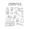 Cute make up and skin care icons. Products and accessoires for beauty. Simple womans signs set. Visage elements. Hand drawn vector