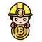 Cute male cartoon character as bitcoin miner holding big bitcoin coin