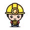 Cute male cartoon character as bitcoin miner holding bitcoin coin