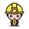 Cute male cartoon character as bitcoin miner holding bitcoin symbol