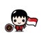 Cute male cartoon character holding Singapore flag against virus