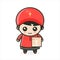 Cute Male Courier Fast Delivery Service. Express Delivery. Business Kawaii Stand With Box Brown Parcel Red Costume Uniform Mascot