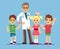 Cute male pediatrician doctor and happy healthy kids. Childrens healthcare vector concept