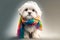 Cute Maltese Shih Tzu puppy in rainbow scarf. Generative AI
