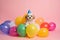 cute maltipoo with a hat and balloons, generative ai